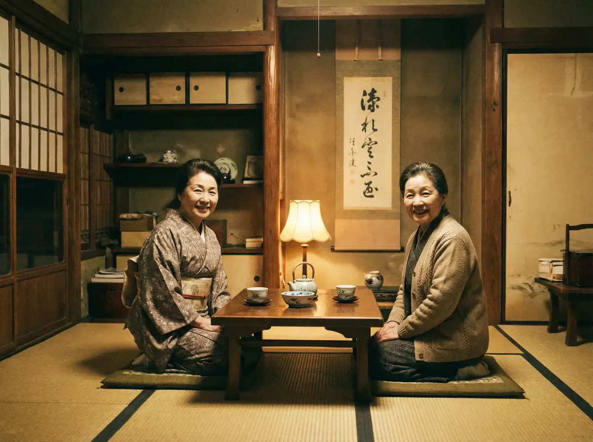 两位优雅的 日韩电视剧 在日式茶室中品茶交谈